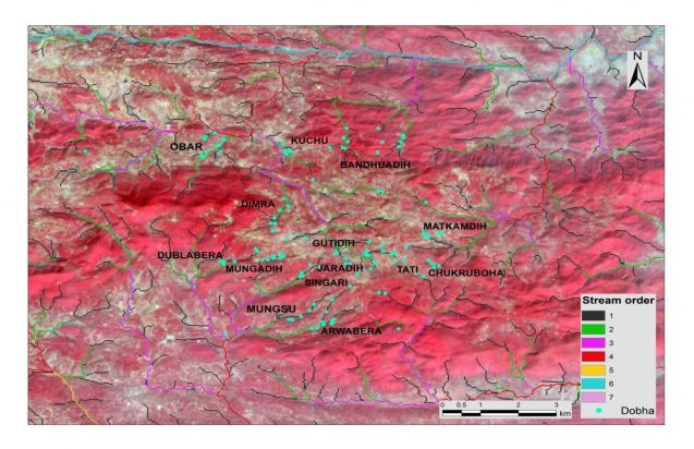 A digital map showing the location of dobhas. Proper location of dobhas is crucial to ensure they can capture and maintain the desired amounts of water. map